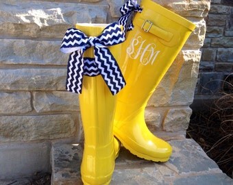 Yellow Custom Rain Boots with Monogram and Bow