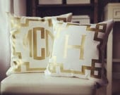 Monogram Throw Pillow Cover - Cream Metallic Gold or Silver Monogram