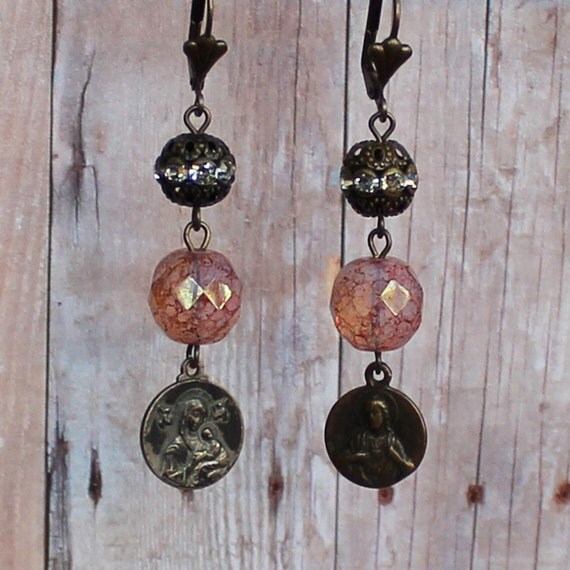 Items similar to Hope Vintage Religious Medal Earrings Faceted Pink