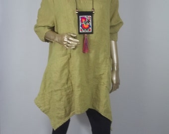 Linen tunic lagenlook brown hankie hem plus size