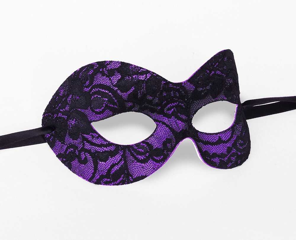 Black & Purple Lace Masquerade Mask Lace Covered Venetian