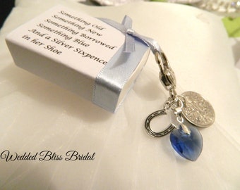 Wedding Bouquet charm - "something Blue" -Royal Blue crystal heart - Horseshoe charm - Six-pence