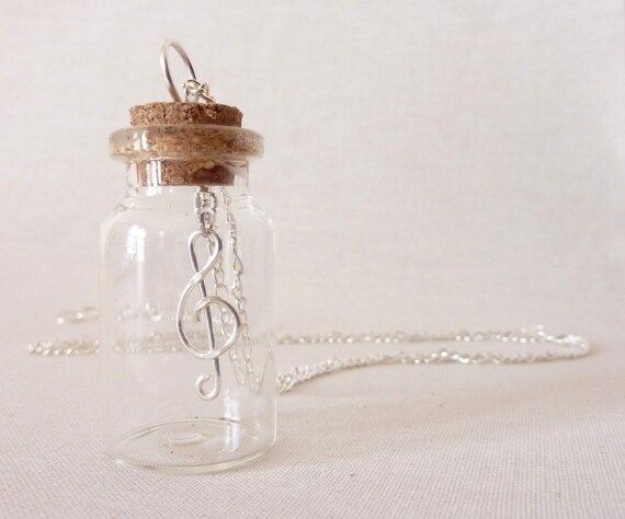 Wire Treble Clef Music Note in Glass Bottle Necklace