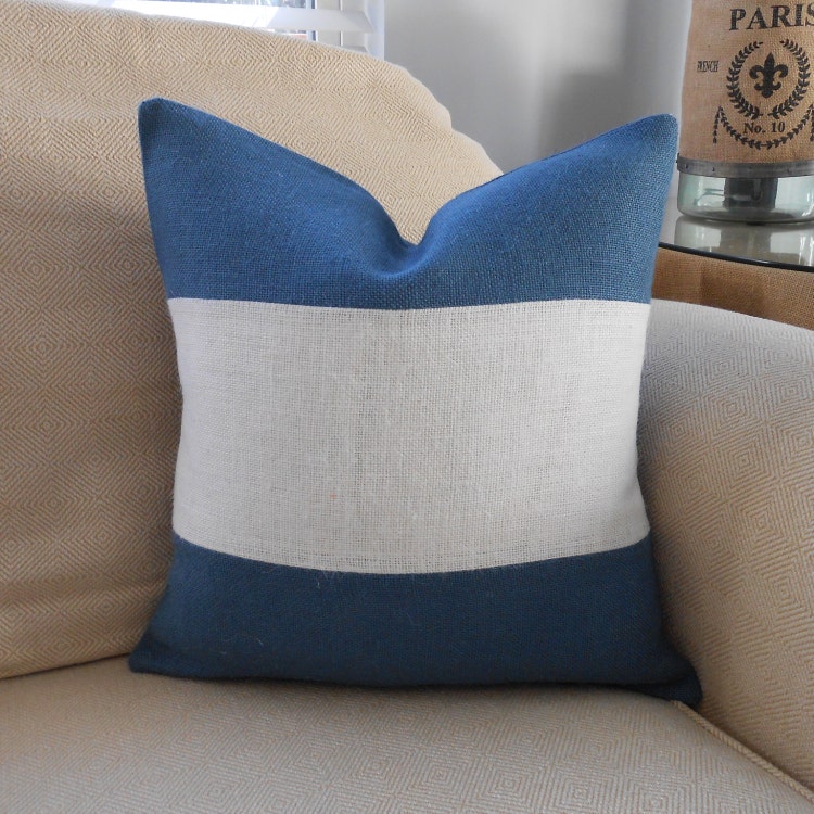 Burlap Pillow Cover two tone off white & blue by LowCountryHome