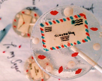 3 Bespoke Marzipan Air Mail Envelope Cherry Flavored Lollipops With White Chocolate Pearls And Lip Candy Dragees