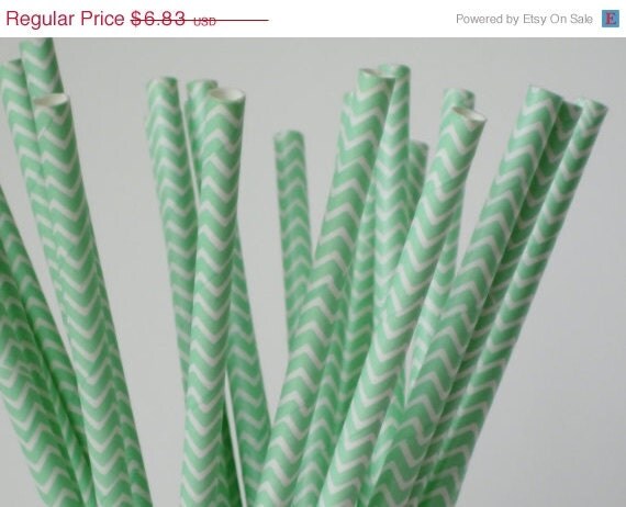 10% off - 50 Mint Green CHEVRON Paper Straw - ships less than 24 hours Il_570xn