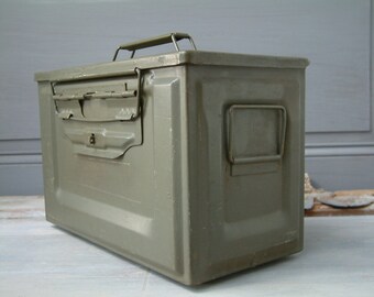 French vintage metal army ammunition box. Ammo box. Industrial. Loft. Rustic. Shabby chic