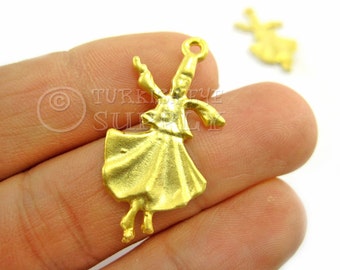 2 pc Whirling Dervish, Semazen Charm, Pendant, 22k Matte Gold Plated, Sufi Findings