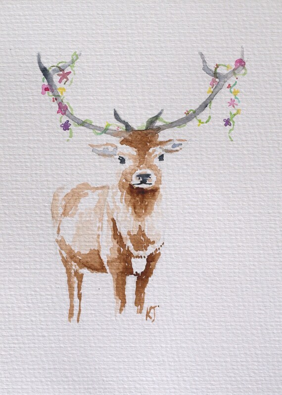 Original Stag Flower Garland Watercolour Painting // 5x7