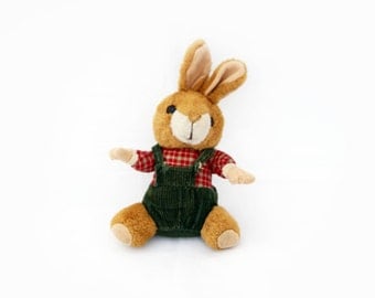 Vintage Small Plush Bunny Rabbit wearing checkered shirt and corduroy shorts