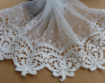 Off white Embroidered Lace Vintage Cotton Lace Trim Soft Tulle Lace Fabric 5.51" wide ONE YARD