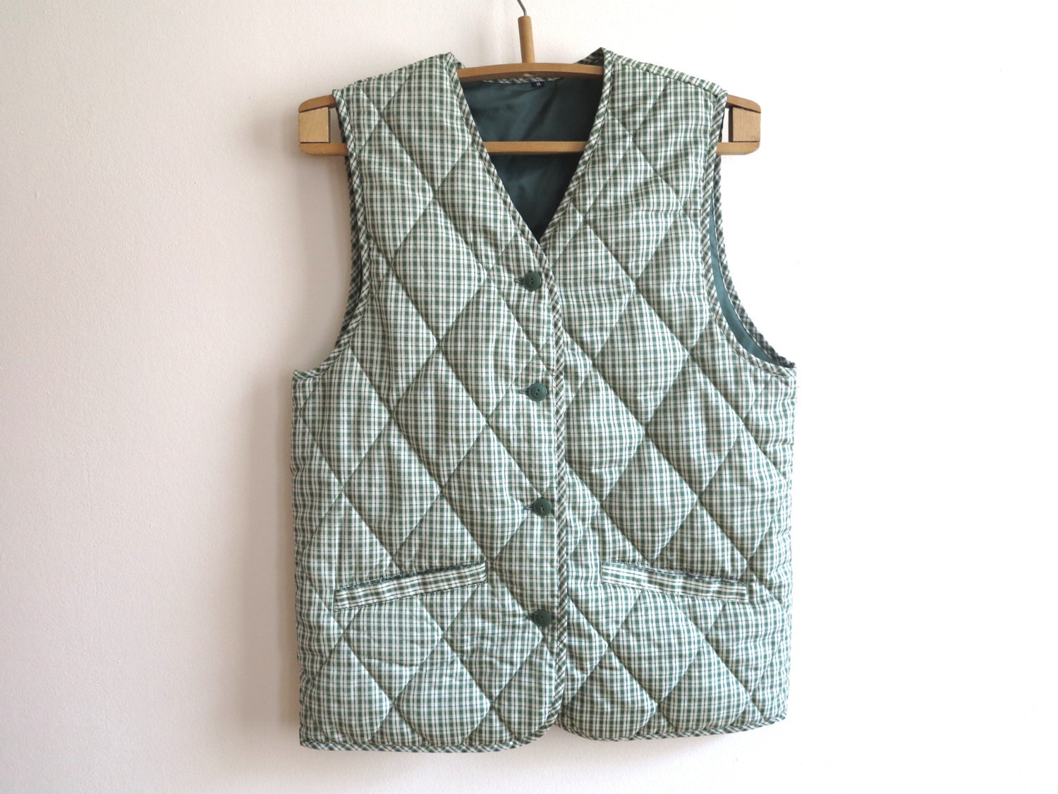 Green White Plaid Quilted Vest Women Romantic Country
