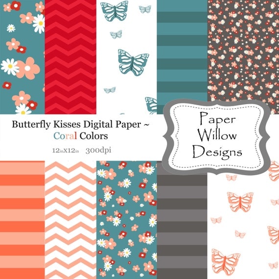 Butterfly Kisses Digital Paper ... (10) 12x12 sheets 300dpi ~ Instant Download, Floral, Chevron, Stripe, Peach, Grey, Aqua Blue, Butterflies