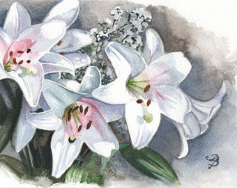 White Lilies, ORIGINAL watercolor painting, FREE shipping