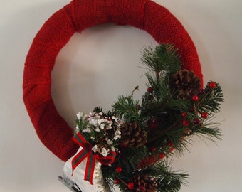 Red Ice Skate Burlap Winter Wreath