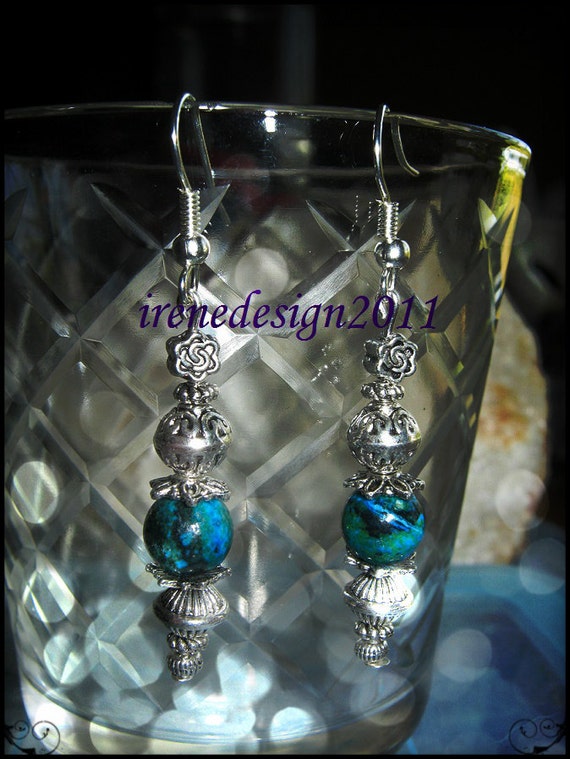 Handmade Silver Earrings with Striped Gemstone & Flower by IreneDesign2011