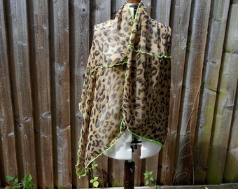Upcycled Animal Print Shawl/ Leopard Print Chiffon Scarf With Neon Trim/ Chiffon Wrap/ Trashmina/ Capelet