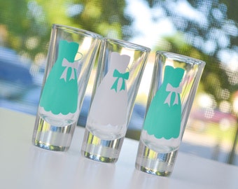 Bachelorette and Wedding Party Shot Glasses with dress bow and name -- Personalized