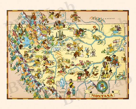 Pictorial Map of Montana colorful fun illustration of