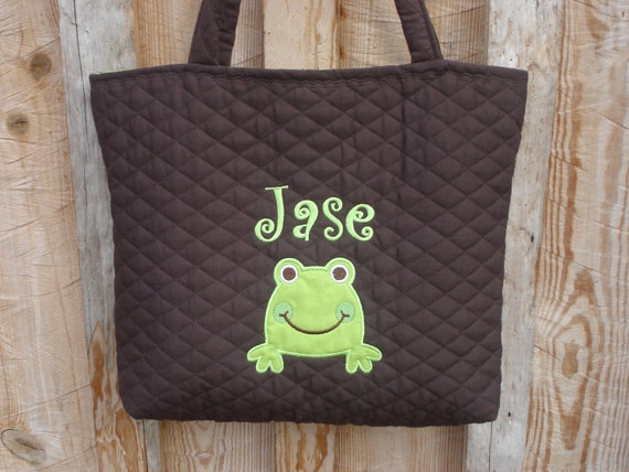 Brown Quilted Applique Frog Diaper Bag Personalized Toddler Tote