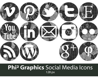 Vintage Floral Social Media Icons in Black & White