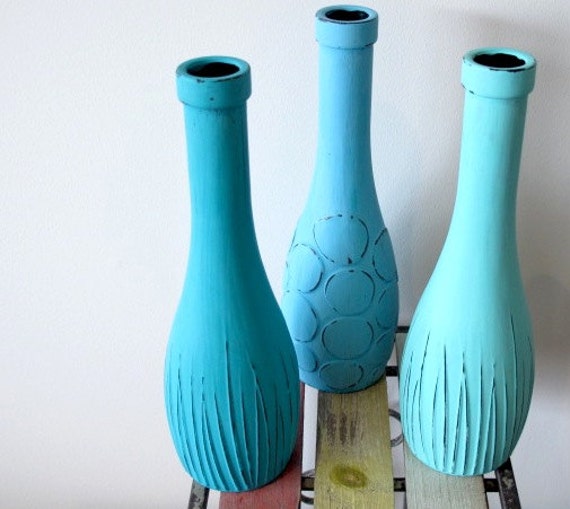 Painted Rustic Glass Beach Vases set of 3 Blue Cottage Chic