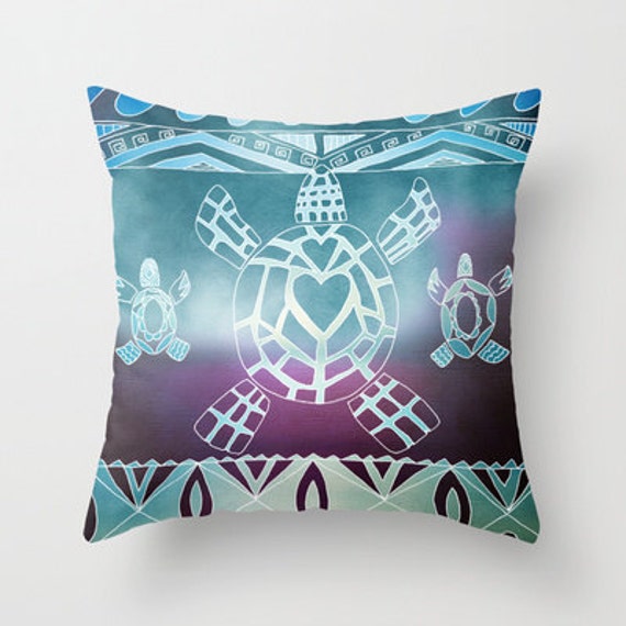 Items similar to Tribal Sea Turtle Pillow, throw pillow , turtle, turquoise, purple matching