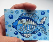 ACEO trading card small painting on paper Light blue fish