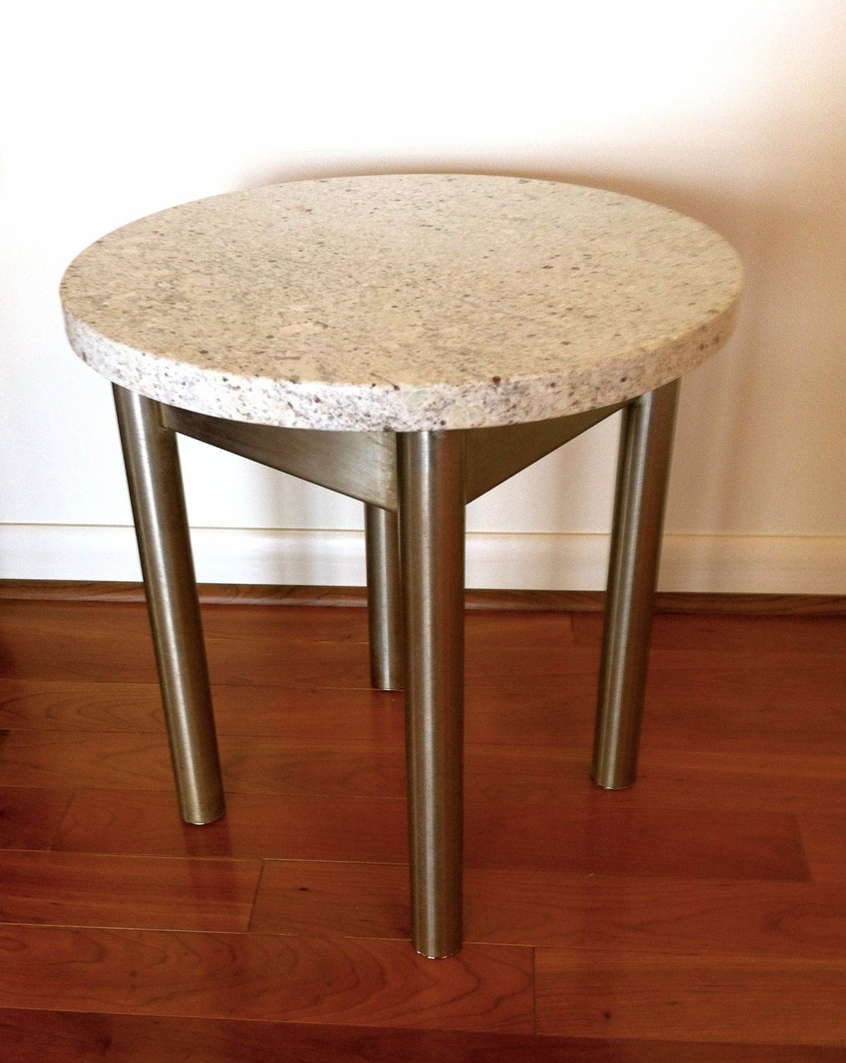 Mid Century Modern Stainless Steel and Gray Granite End Table Haute Juice