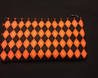 Orange and Black Argyle Pencil Case / Zipper Pouch #126