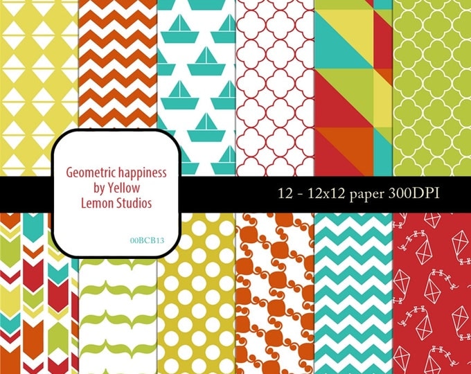 INSTANT DOWNLOAD- Bright colored geometric summer spring patterns scrapbooking background