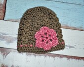 Brown Pink Newborn Preemie Flower Hat Crochet Baby Gifts Handmade Photo Props Ready to Ship