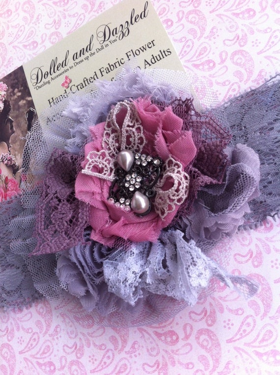 Gray, Dusty Rose/ Shabby Chiffon, Lace/ Girls Headband/ Flower Brooch/ Baby Headband/ Girls Hairclip/ Dress Sash Embellishment/ Infant