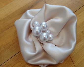 Champagne Satin & Pearl Flower Hair Clip