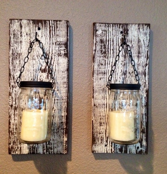 Large mason jar barn wood candle holders