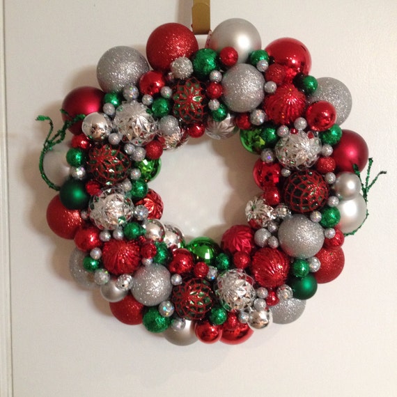 Beautiful red green and silver christmas ornament wreath