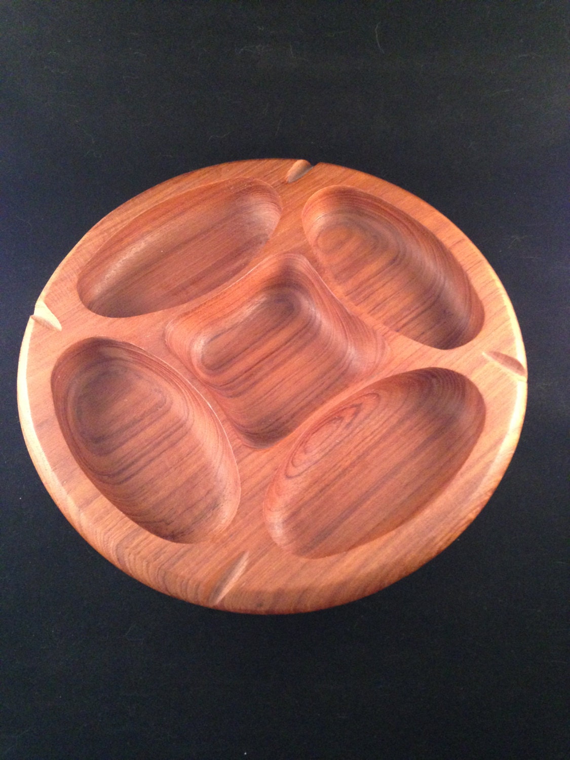 Vintage Mid Century Hand Carved Solid Teak Lazy Susan Serving Dish