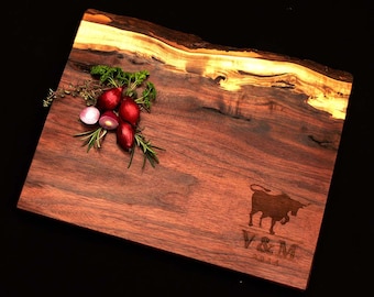 Personalized Cutting Board 20x12 Live Edge Black Walnut w/ Feet by OSOhome Custom Wedding Anniversary Ecofriendly Gourmet Bull Charcuterie