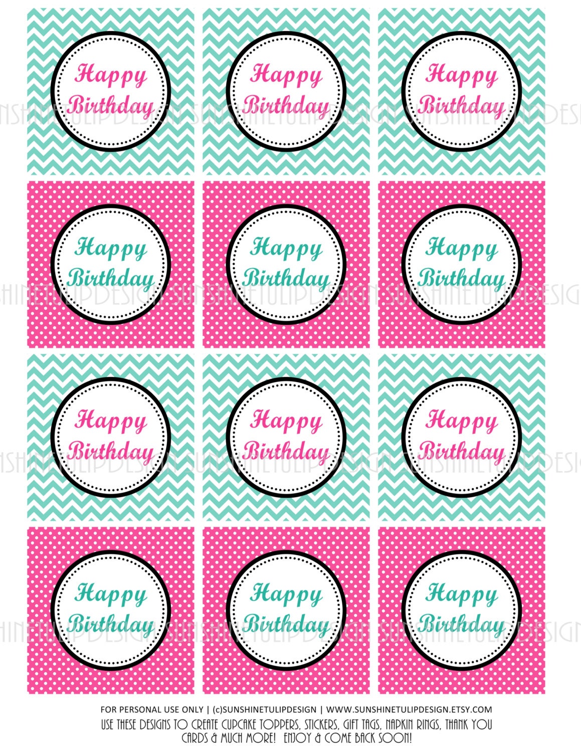 happy birthday hot pink and aqua cupcake toppers stickers