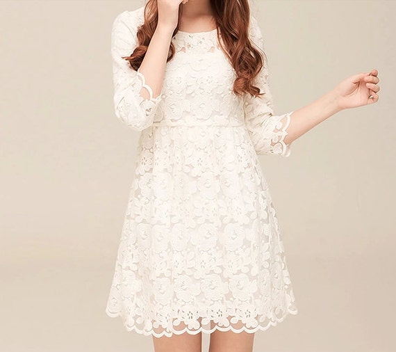 Fashion White A Dress Women Long Sleeve Lace Dress by AiFang