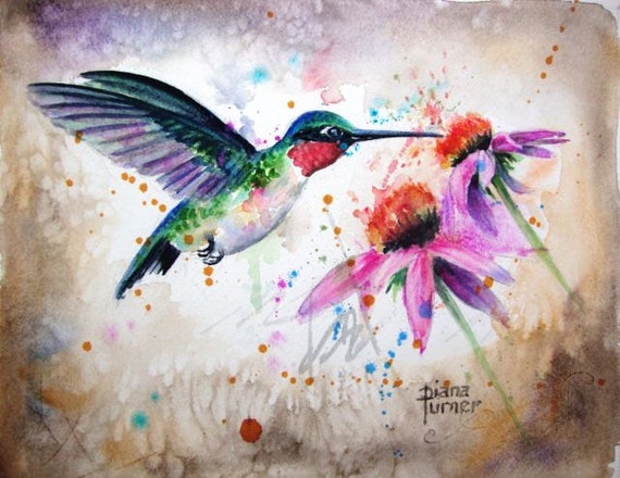 Ruby-throated Watercolor Hummingbird, Original Watercolor Painting Print Watercolor Original Hummingbird Painting wall decor 8 x 10