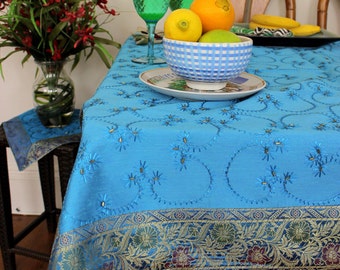 Hand Embroidered Rectangular Tablecloth (Ocean Blue, 52" X 70")