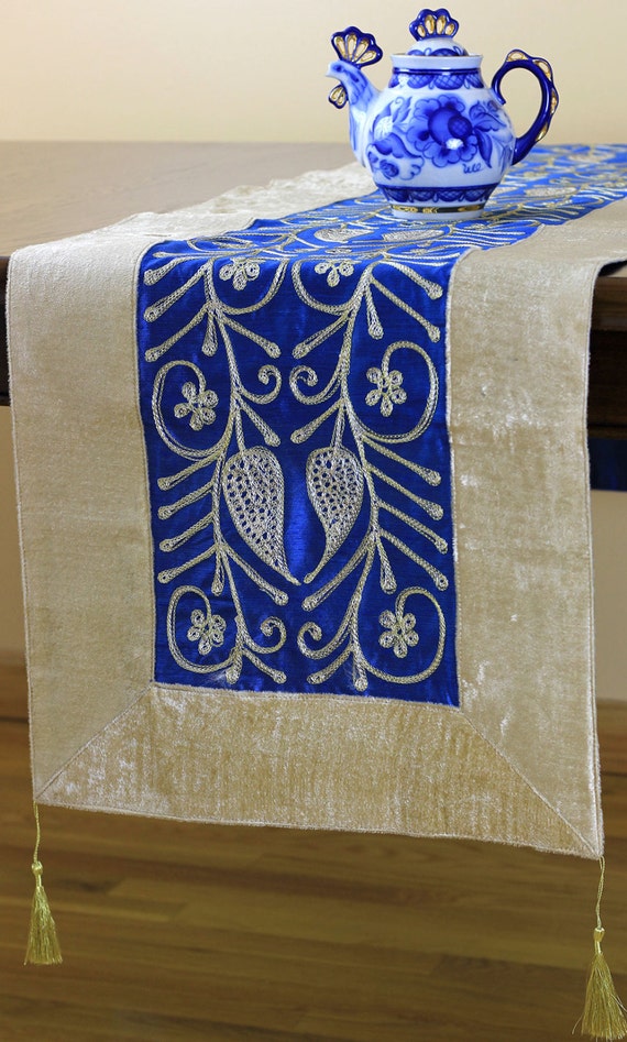 Velvet Floral Embroidered Table Runner Blue 70 X