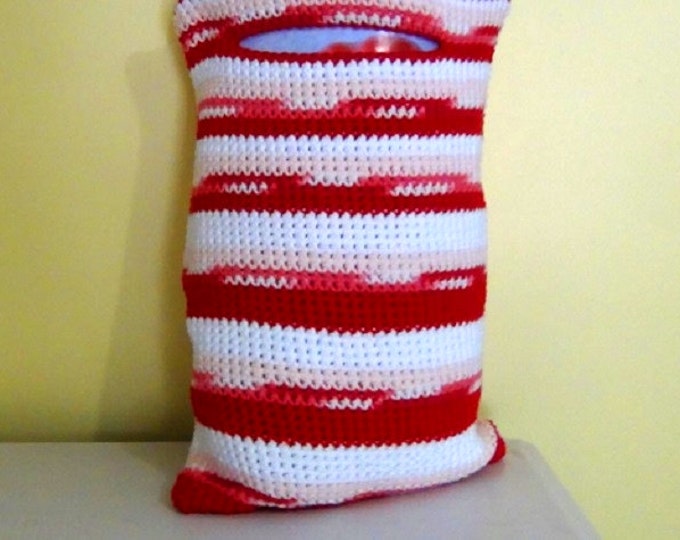 Crocheted Tote Bag - Cotton Tote - Red, Blush, White Stripe - Reusable 10" x 15" Gift Bag - Valentine - Christmas