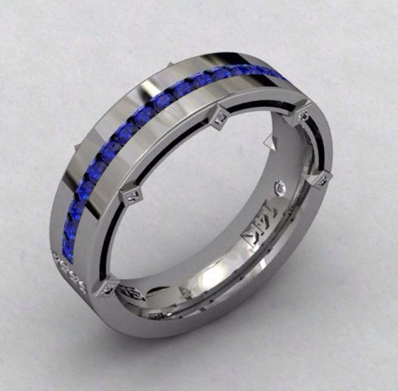 Mens Wedding Band Sapphire 14kt White Gold 5.8mm with Blue Sapphire ...