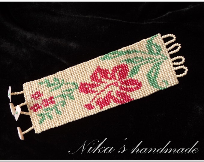 Woven Beaded Вeige Bracelet with Red Flower for Women, made of Czech beads in Ukrainian style