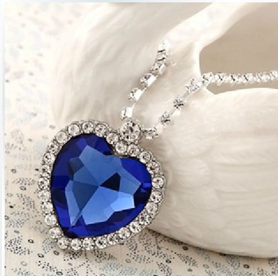 Titanic Heart Of The Ocean Necklace CZ Pendant Sapphire Blue