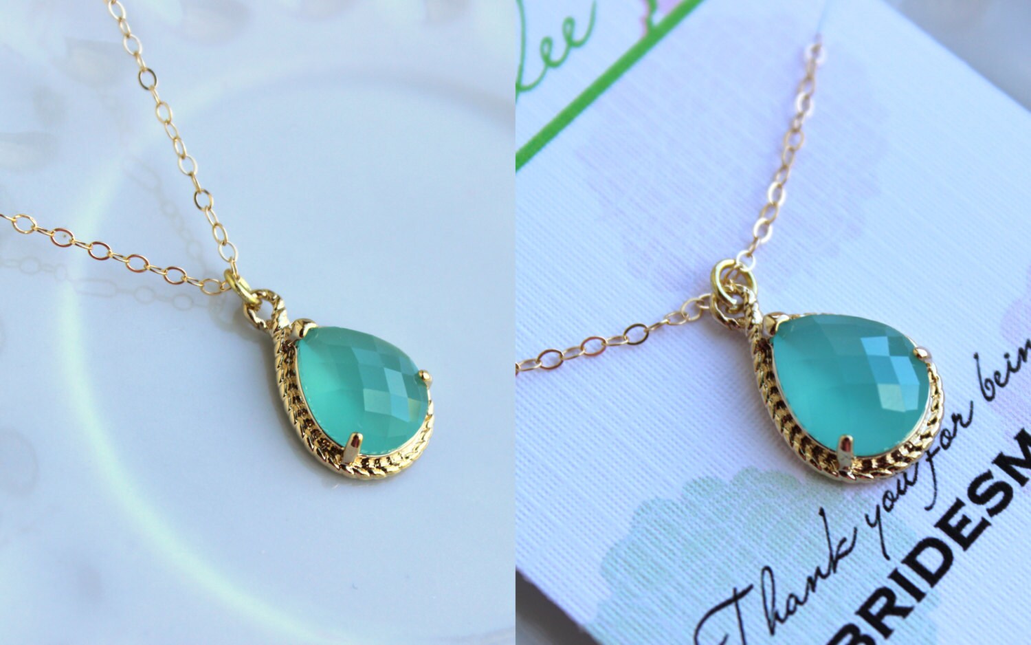 Gold Mint Necklace Blue Jewelry Mint Wedding Necklace