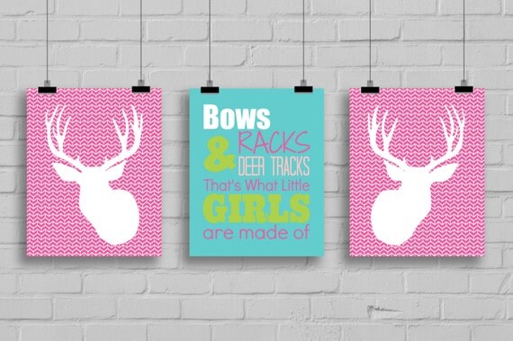 Girls Deer Prints - Bows, Racks & Deer Tracks Print, Girls Room Decor, Girls Nursery, Deer Print, Deer Hunting Art, Girls Deer Art