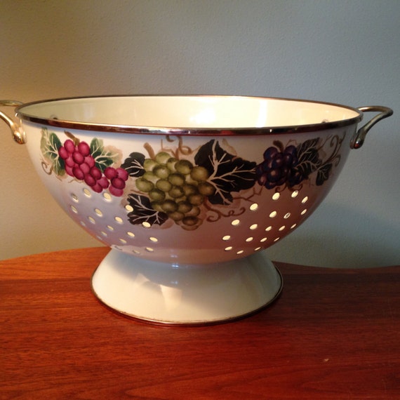 Extra large porcelain enamel colander with grape by FromTheSeller